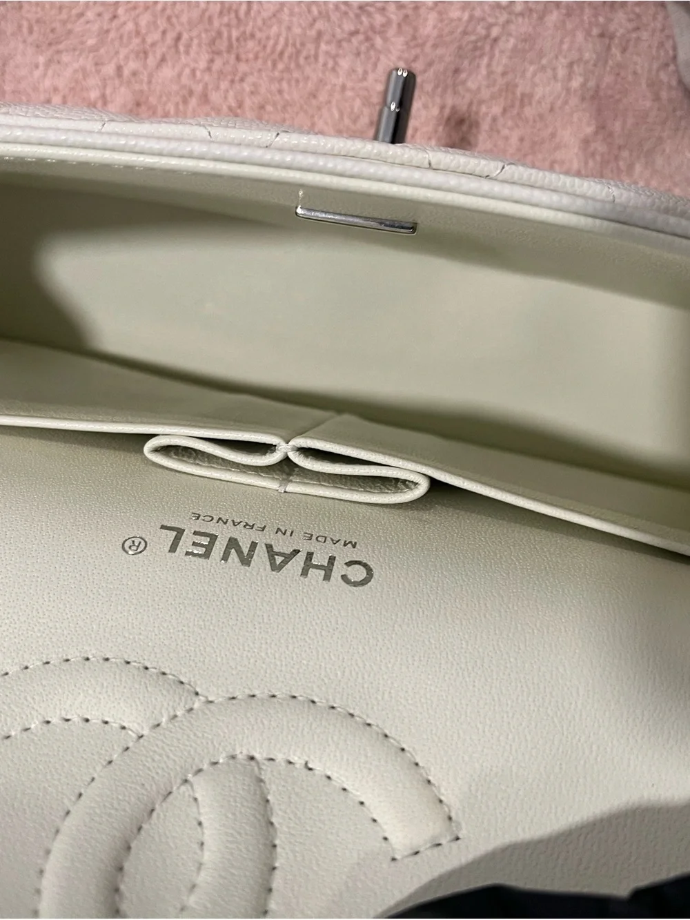 CHANEL Quilted Caviar Leather Flap Bag in White with Silver Hardware